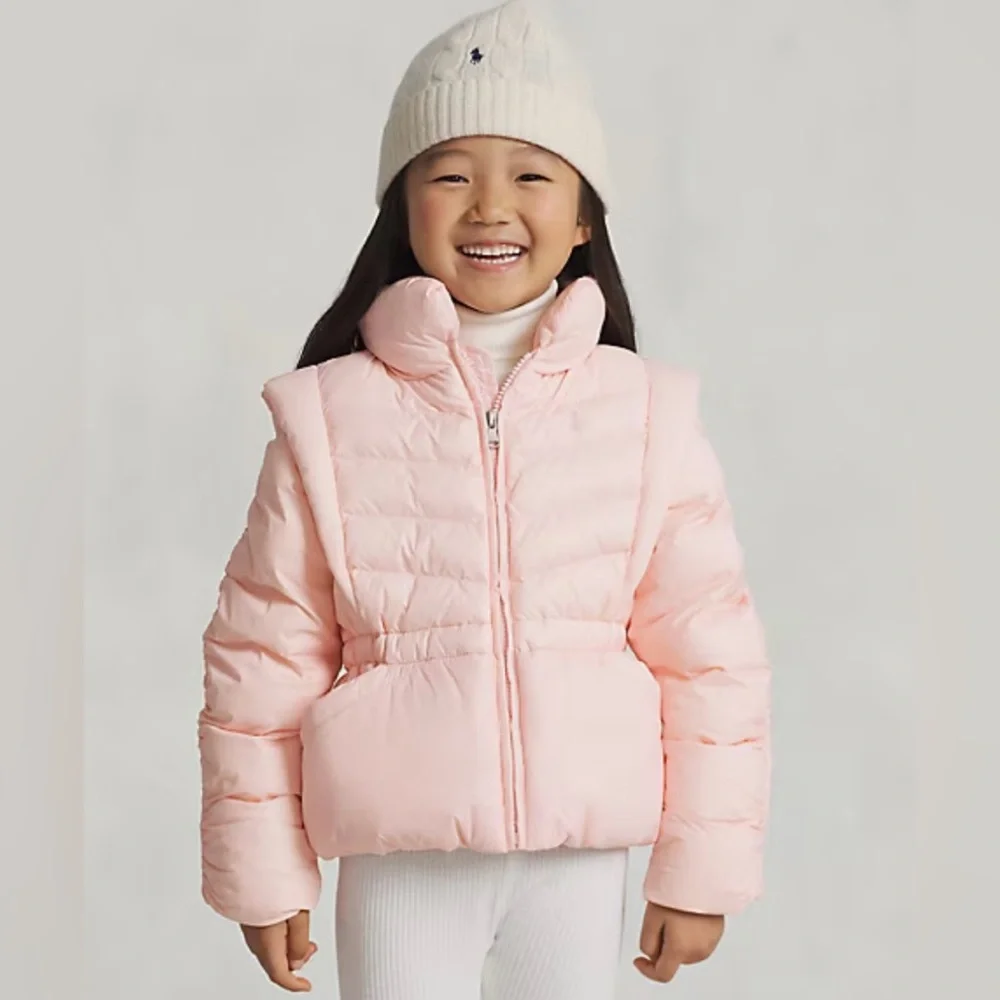 Polo Ralph Lauren Girls Pink Ruffled Adjustable Puffer Jacket & Vest - Size 6